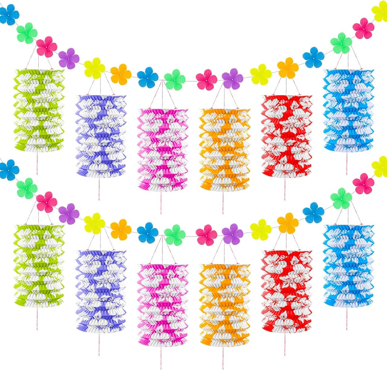 Hawaiian Summertime Tiki Lounge Décor with Lantern Garland and Flowers Ten foot long paper hibiscus lantern garland, hanging luau tiki lanterns, pool supplies, and tropical party supplies (2)